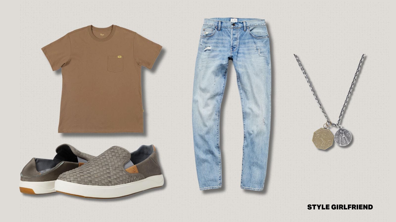 casual men's outfit with t-shirt, jeans, necklace, and loafer slip-ons