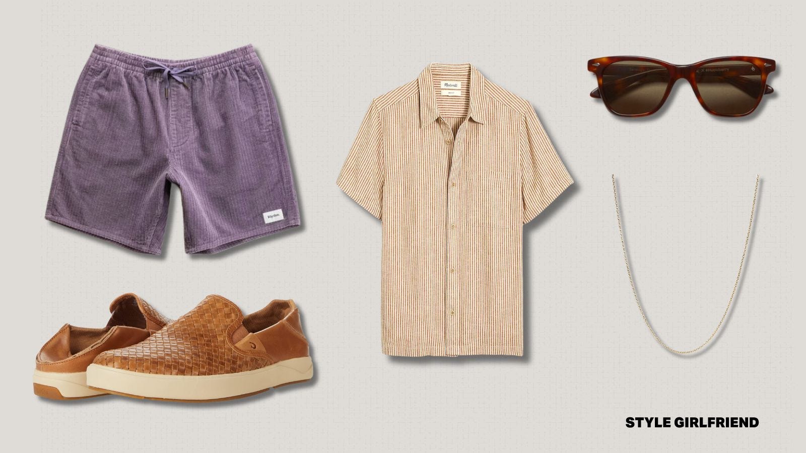 casual shorts outfit for men featuring purple corduroy drawstring shorts, brown leather slip-ons, a short-sleeve striped button up shirt, tortoiseshell sunglasses and a chain necklace