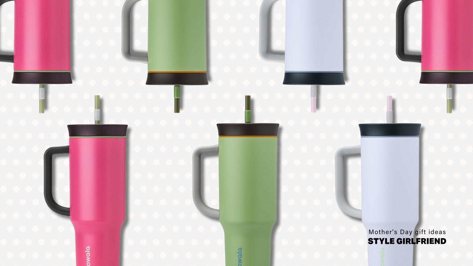owala tumblers in a repeating pattern, part of a roundup of stylish Mother's Day gifts