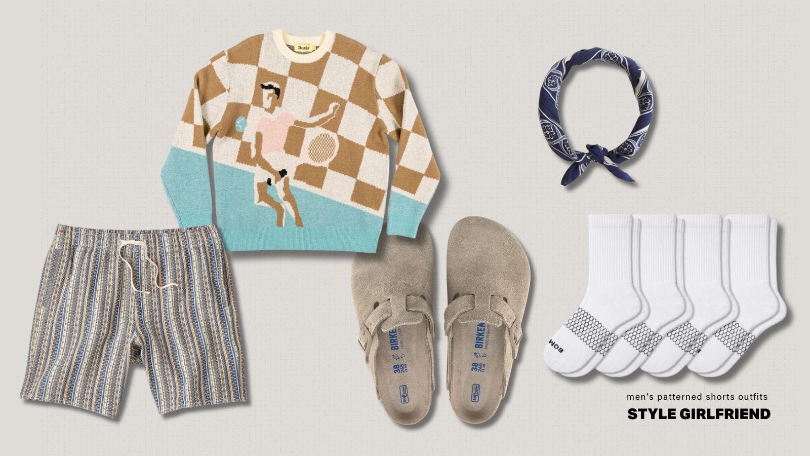 Men's casual outfit including patterned shorts, tennis themed sweater, Birkenstock clogs and high white socks