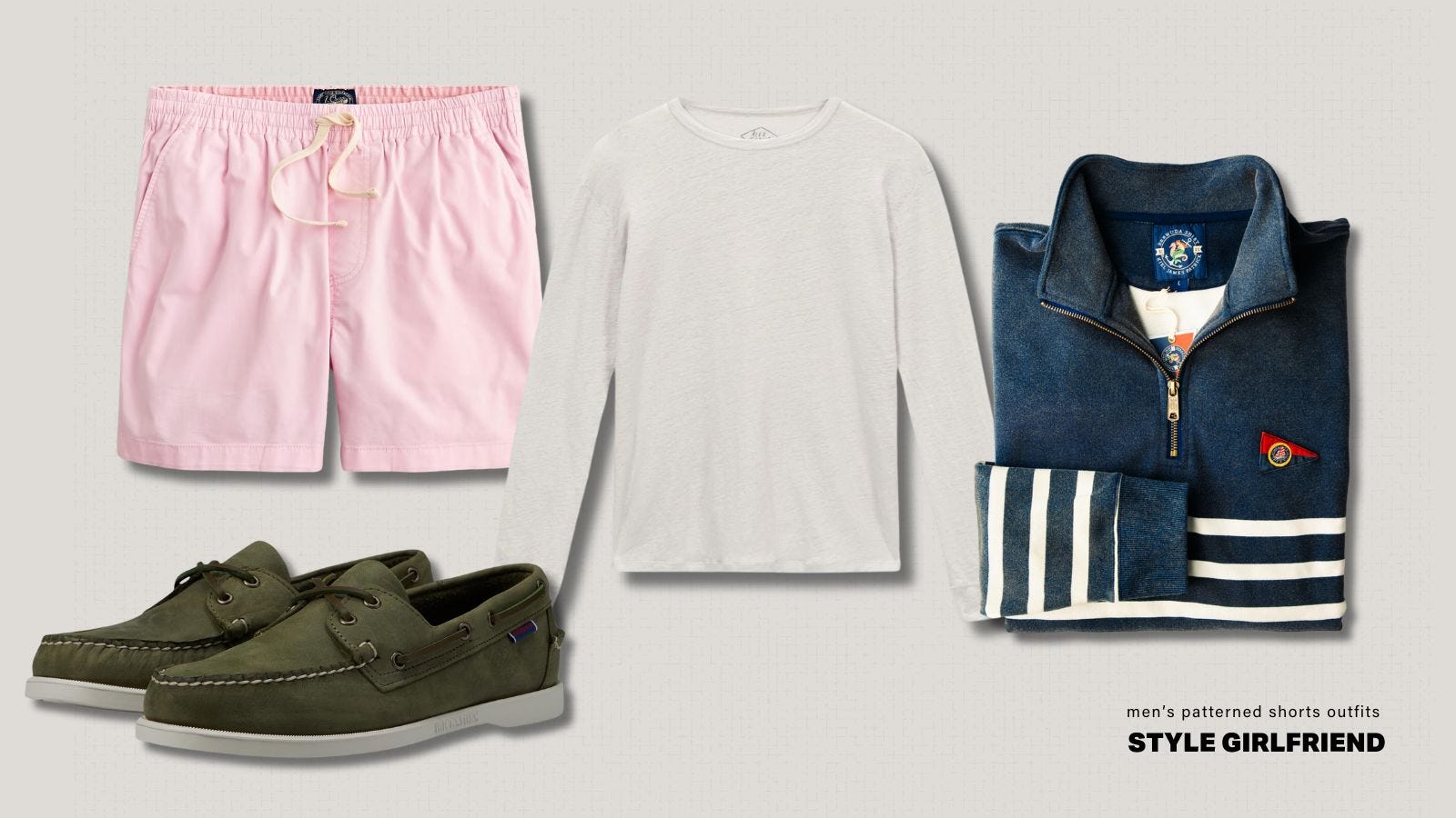casual men's shorts outfit featuring pink drawstring shorts, a long-sleeve tee under a striped quarter zip pullover and green boat shoes