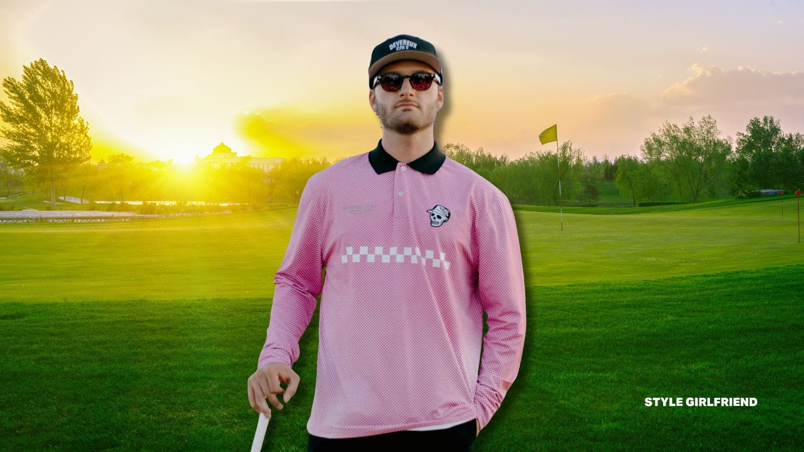 man in sunglasses and hat wearing a long-sleeve pink polo shirt on a golf course