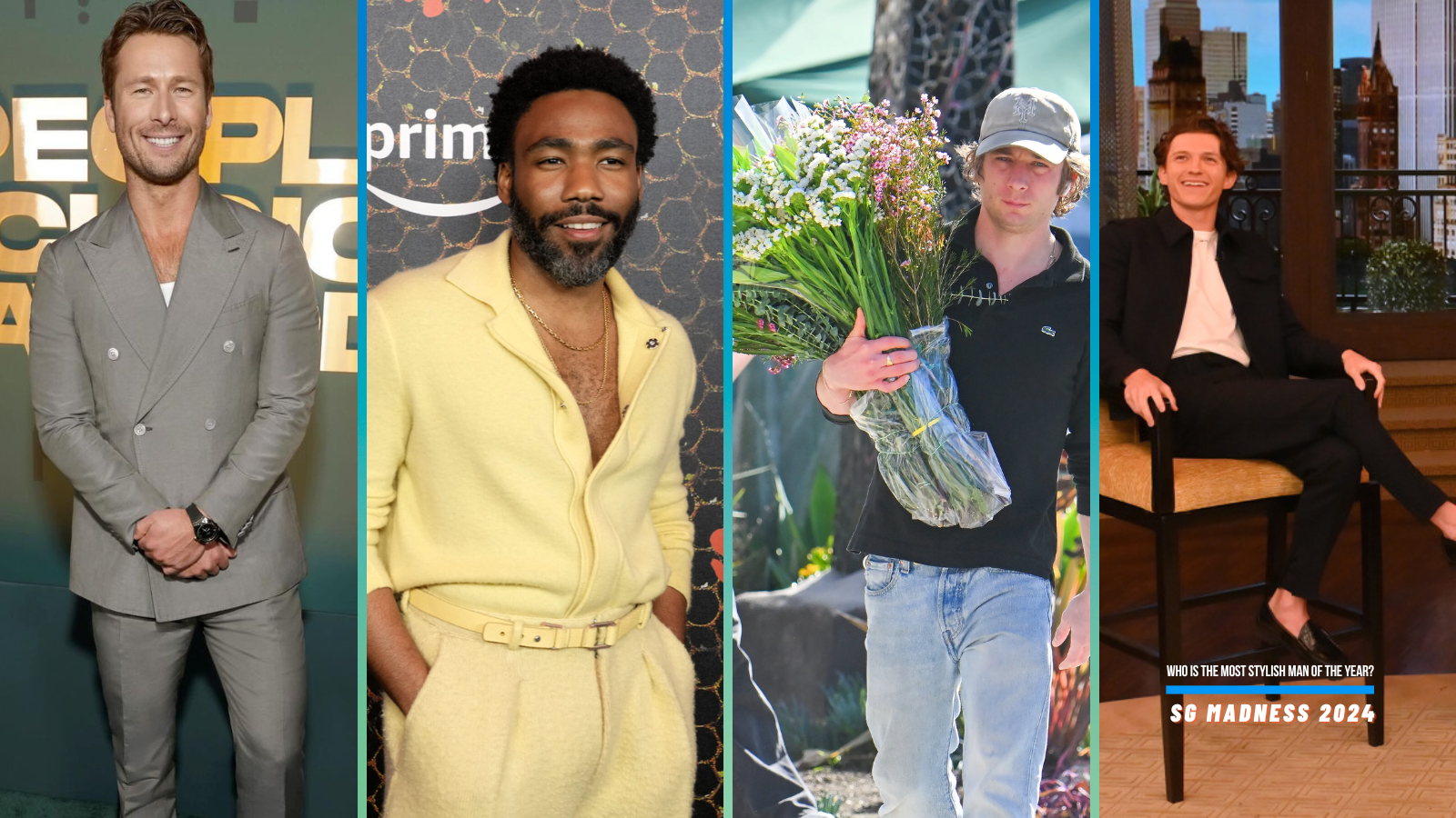 side by side images of Glen Powell, Donald Glover, Jeremy Allen White, and Tom Holland