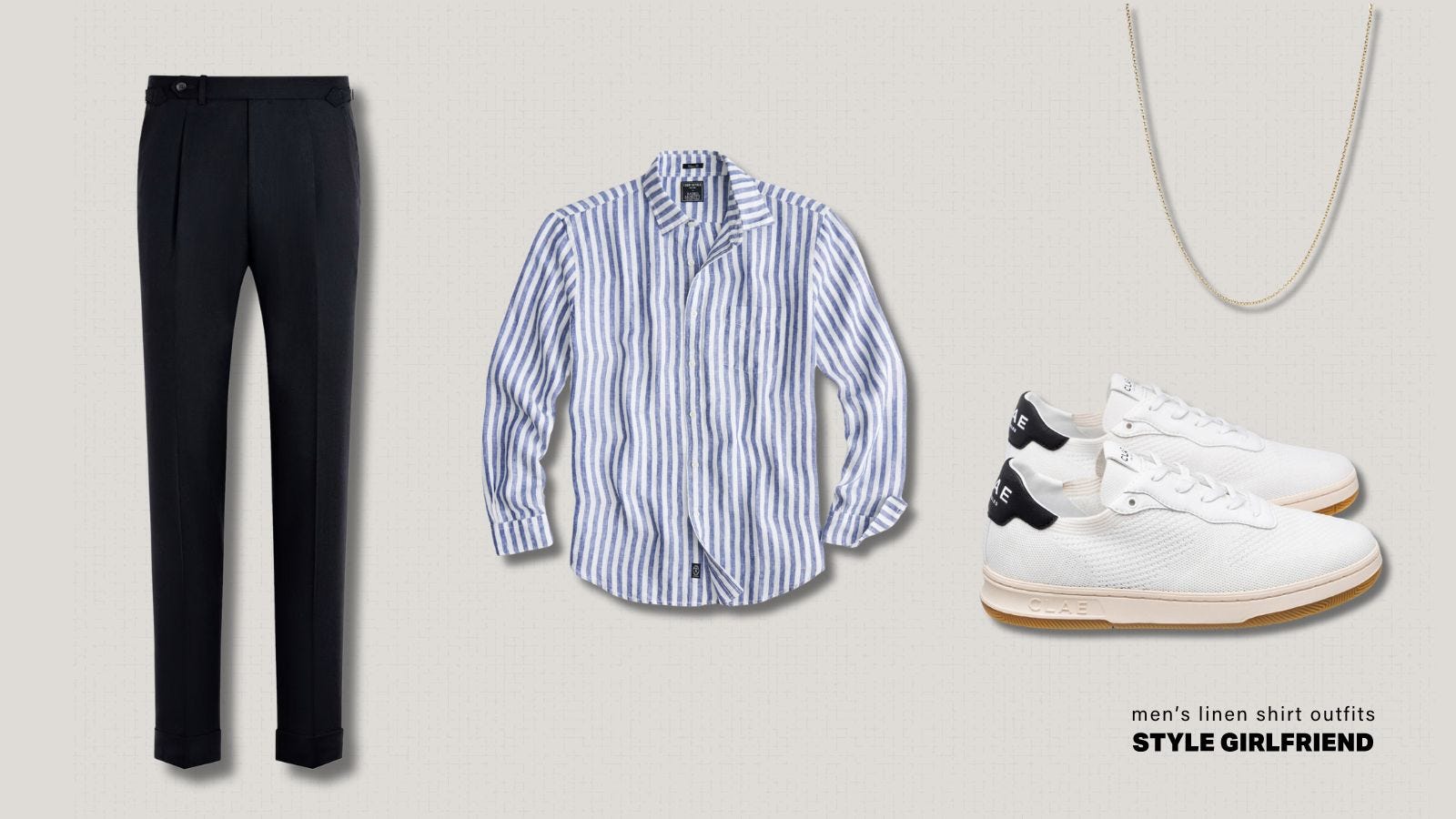 Formal casual menswear with linen shirt and label pants paired with white sneakers