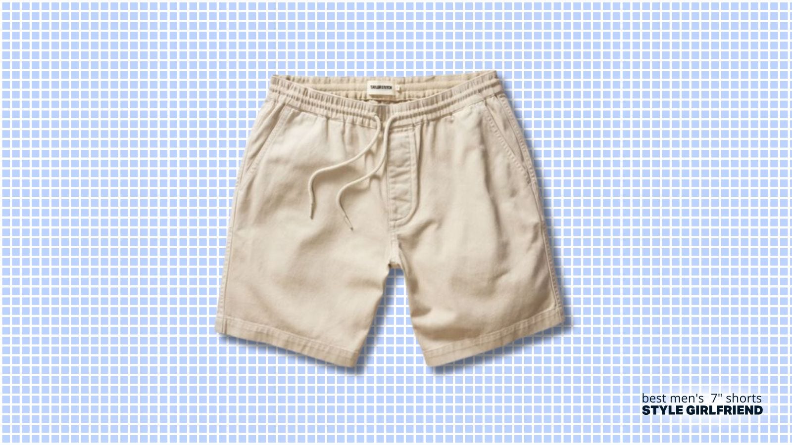pair of off-white drawstring shorts set against a blue check background. text on-screen reads: best men's 7-inch shorts