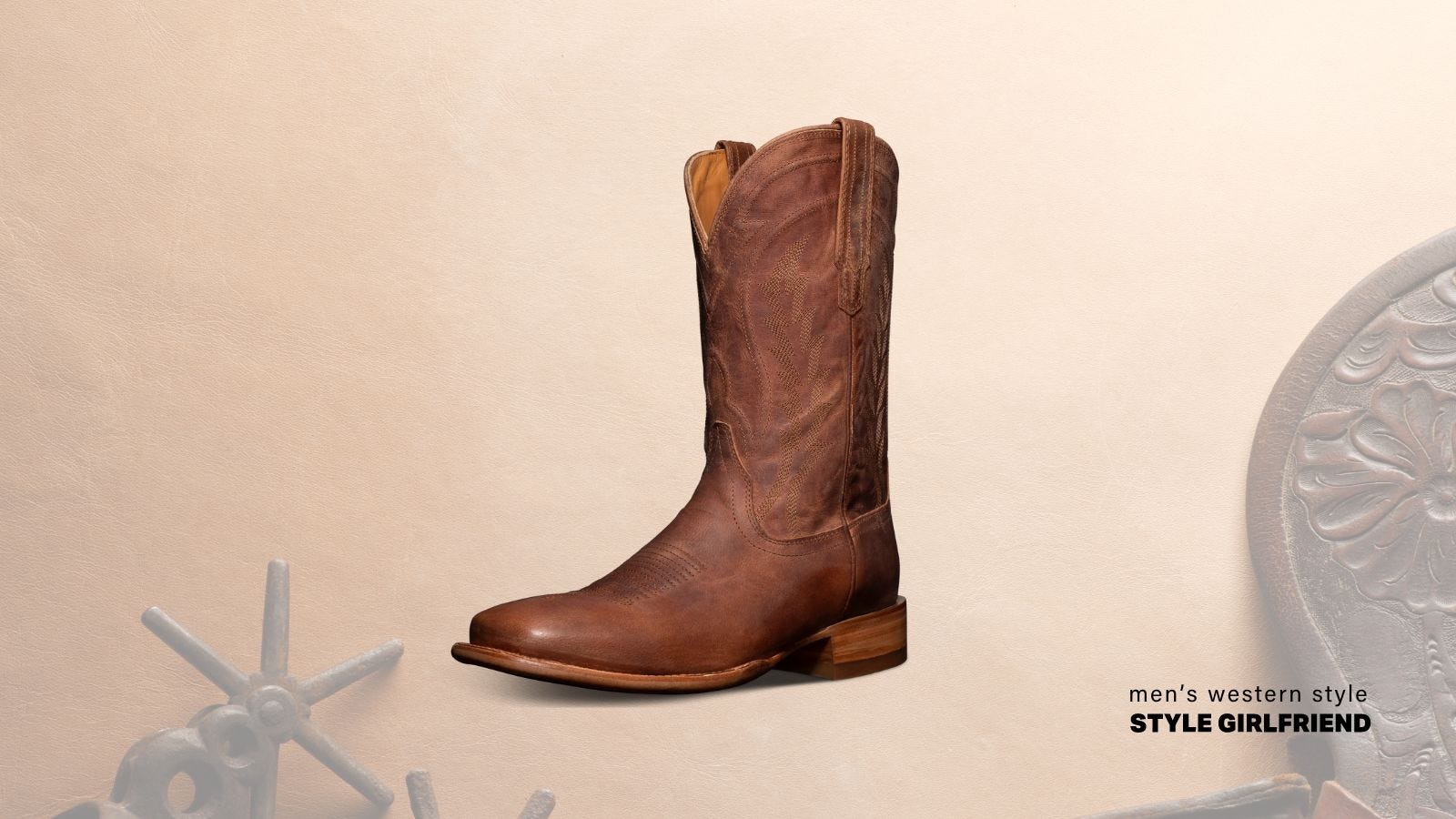 image of a single brown cowboy boot, set against a tan, western-themed background