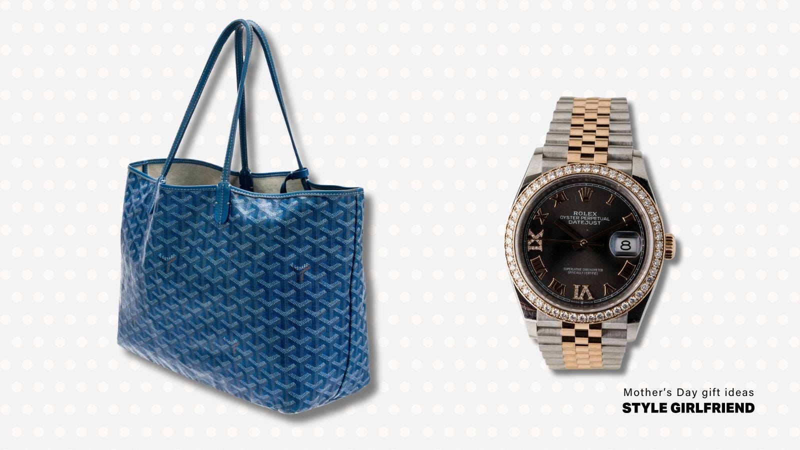 Blue Goyard bag and Datejust Rolex watch