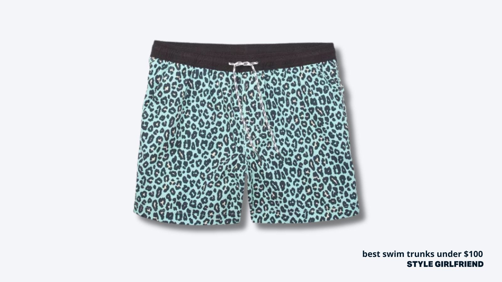 flat lay image of teal-colored leopard print swim trunks. text on-screen reads: best swim trunks under $100