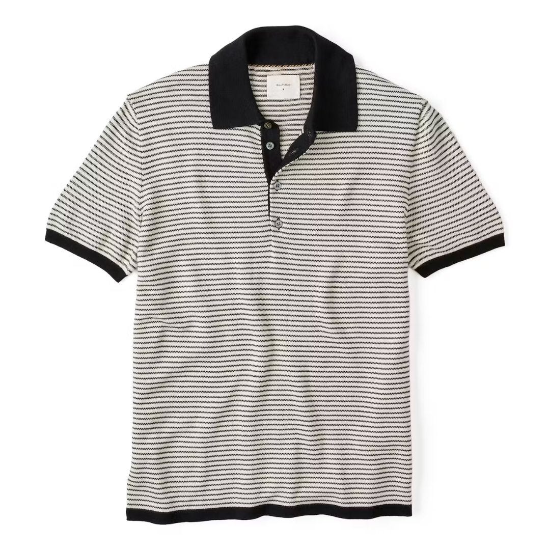 navy and white striped knit polo shirt against a white background