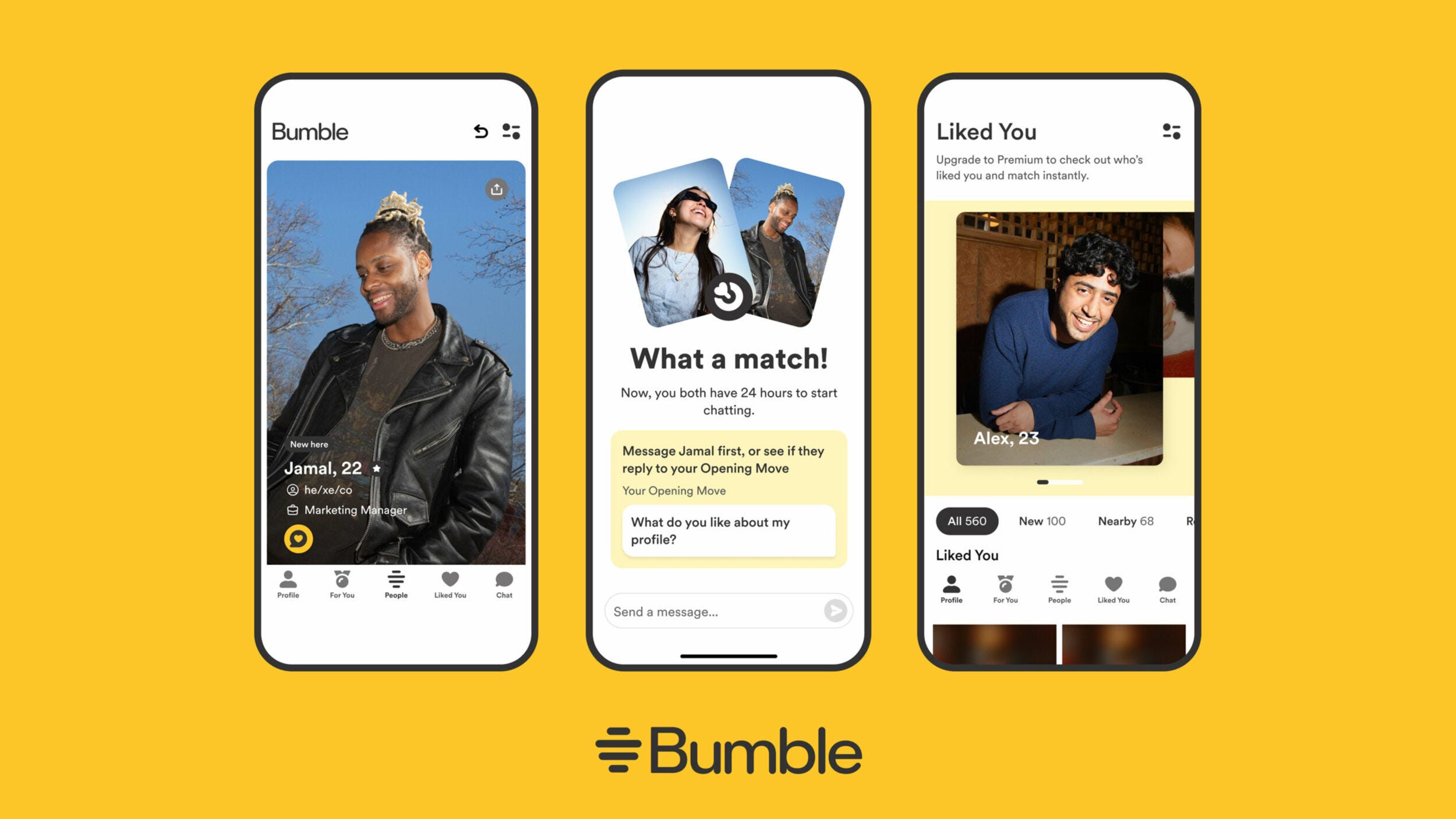 Triptych image of Bumble dating app displayed on mobile phone