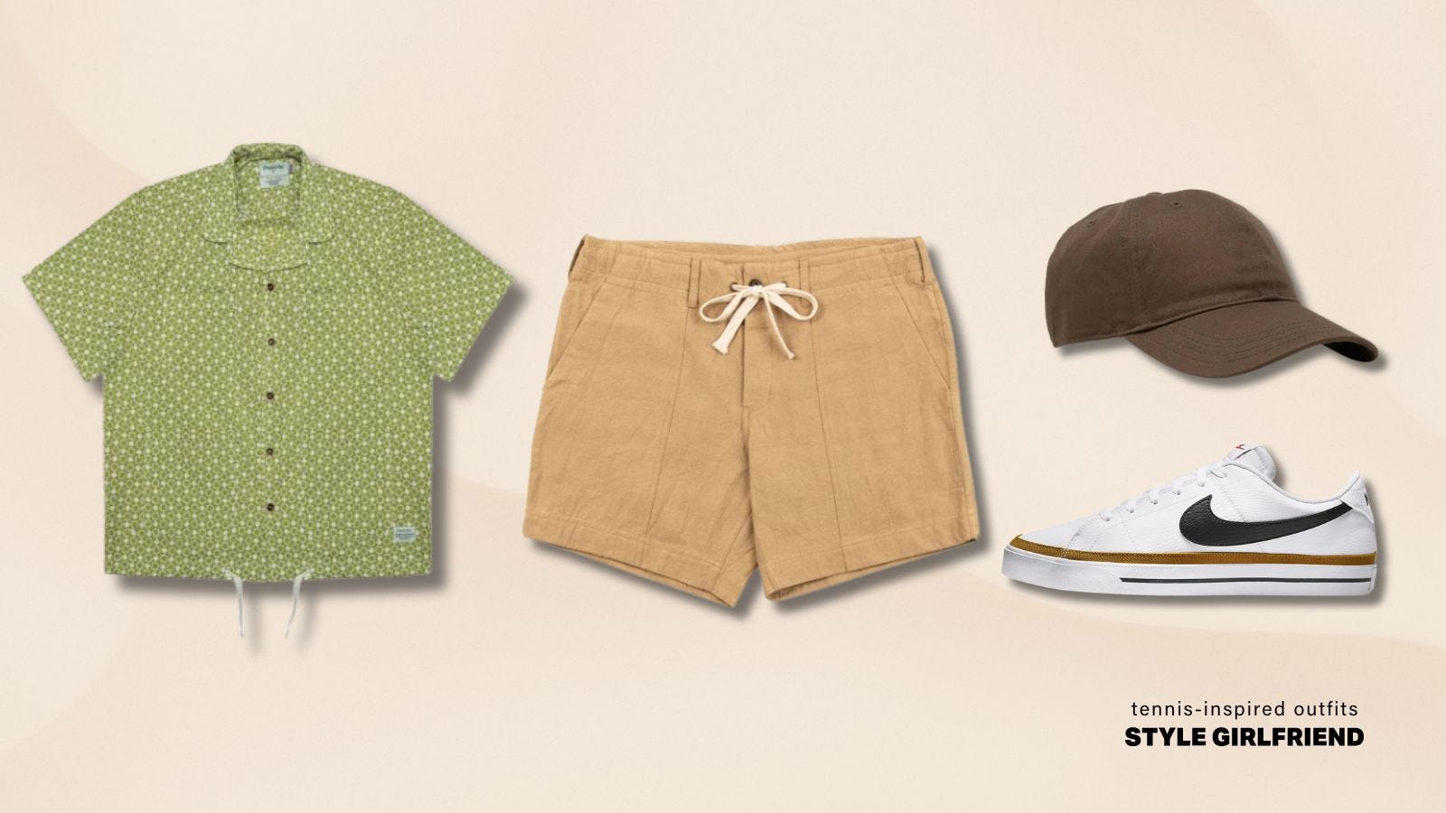 Flat lay image of casual men's summer clothing including short sleeve green link shirt, tan drawstring shorts, brown baseball cap and white tennis sneakers