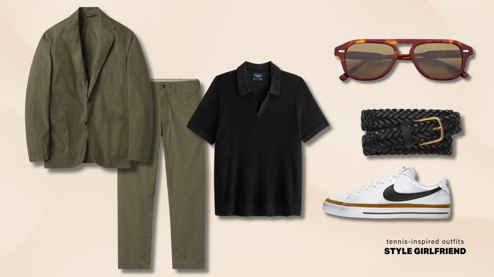 Flat lay image of casual men's suit with black knitted polo shirt, sunglasses, braided belt and white tennis shoes