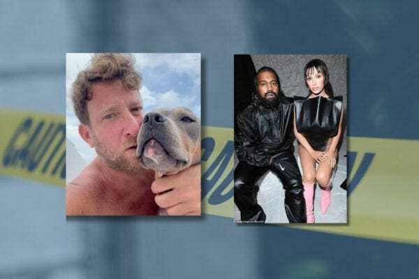 side by side images of dave portnoy with his dog miss peaches and kanye west with his wife bianca censori, behind them is an image of caution tape