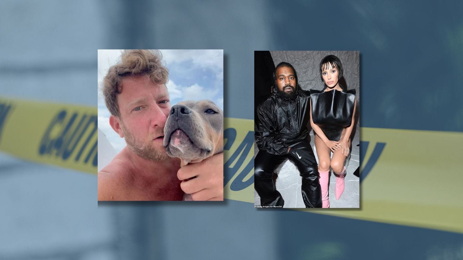 side by side images of dave portnoy with his dog miss peaches and kanye west with his wife bianca censori, behind them is an image of caution tape