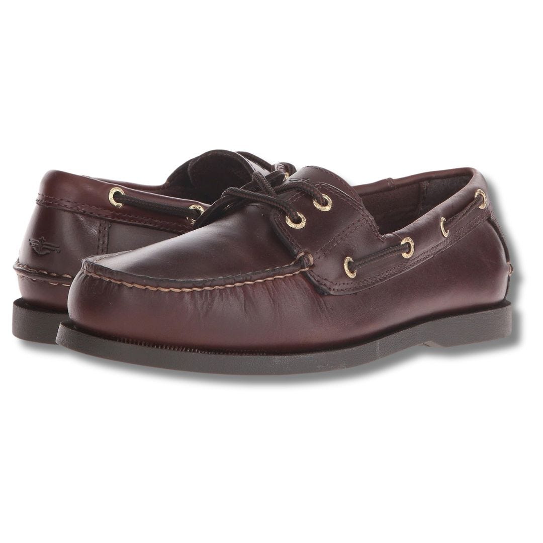pair of dark brown boat shoes facing one another