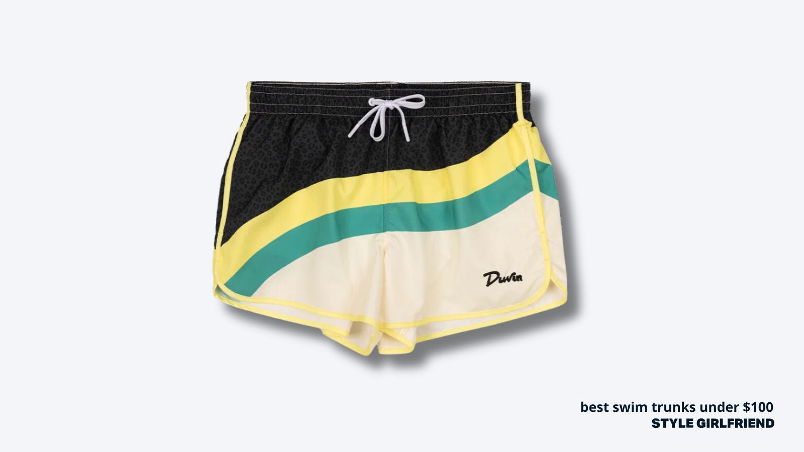flat lay image of men's swim trunks in a wavy black, yellow and mint green pattern. text on-screen reads: best swim trunks under $100