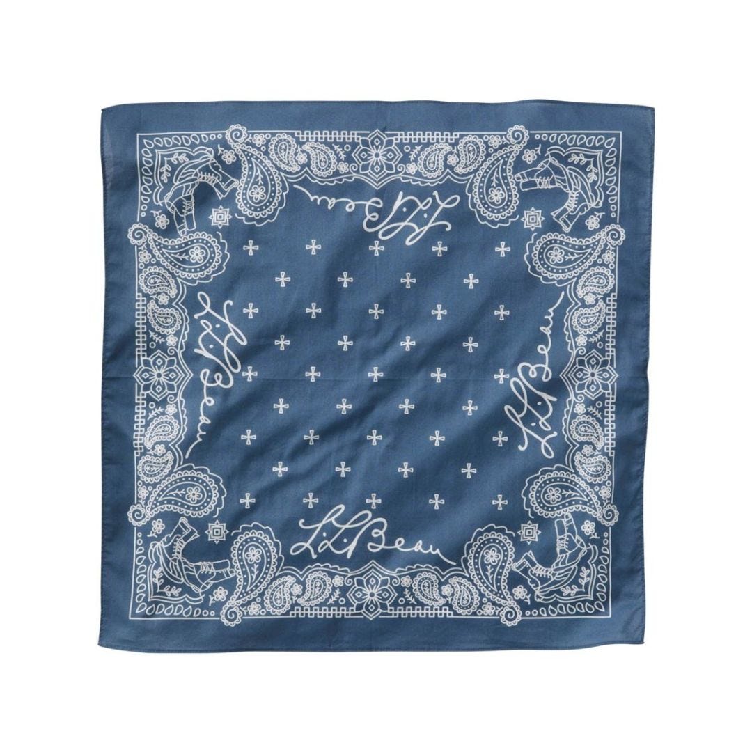 blue patterned bandana laid flat against a white background
