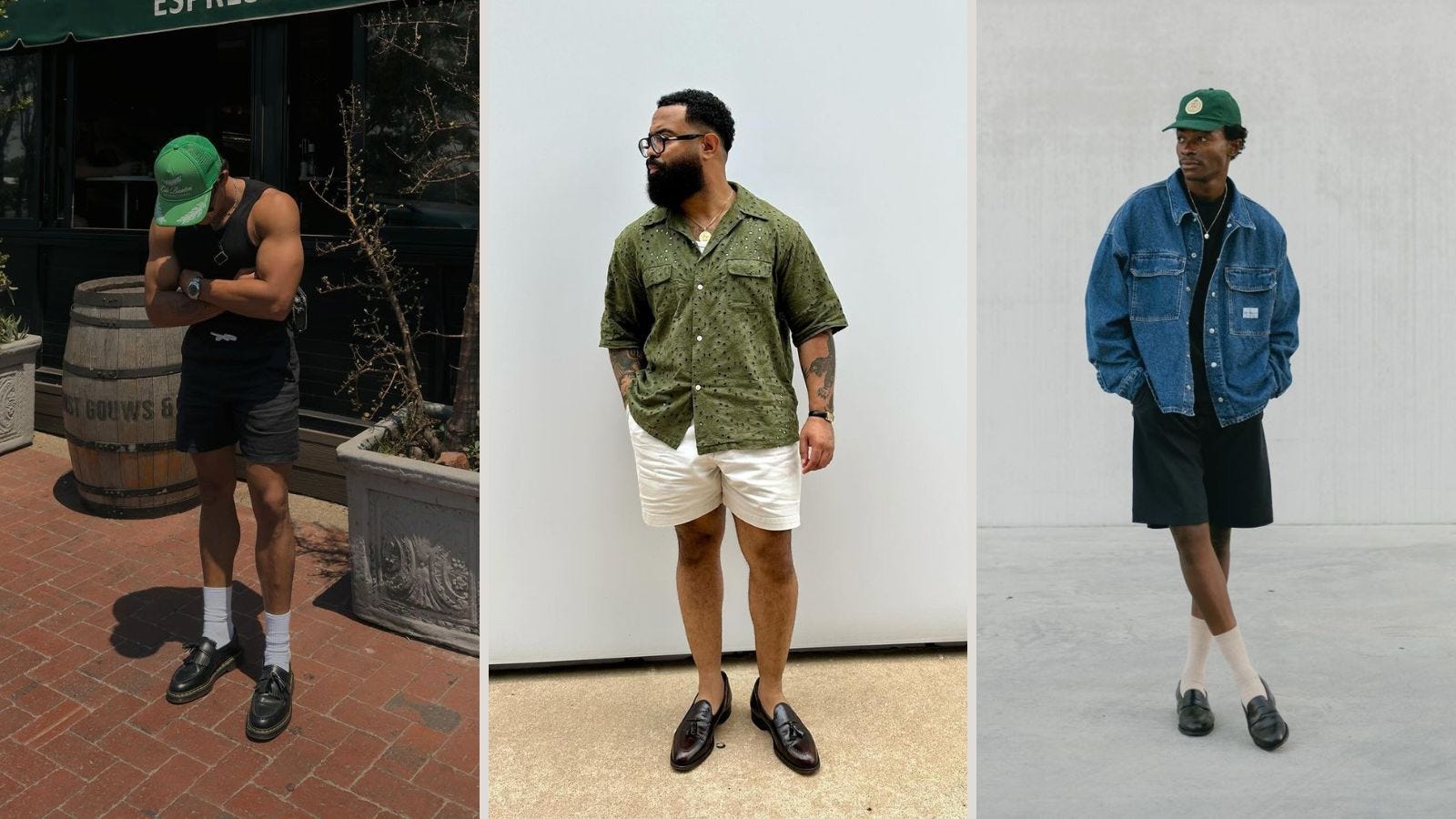 triptych image of men wearing shorts with loafers