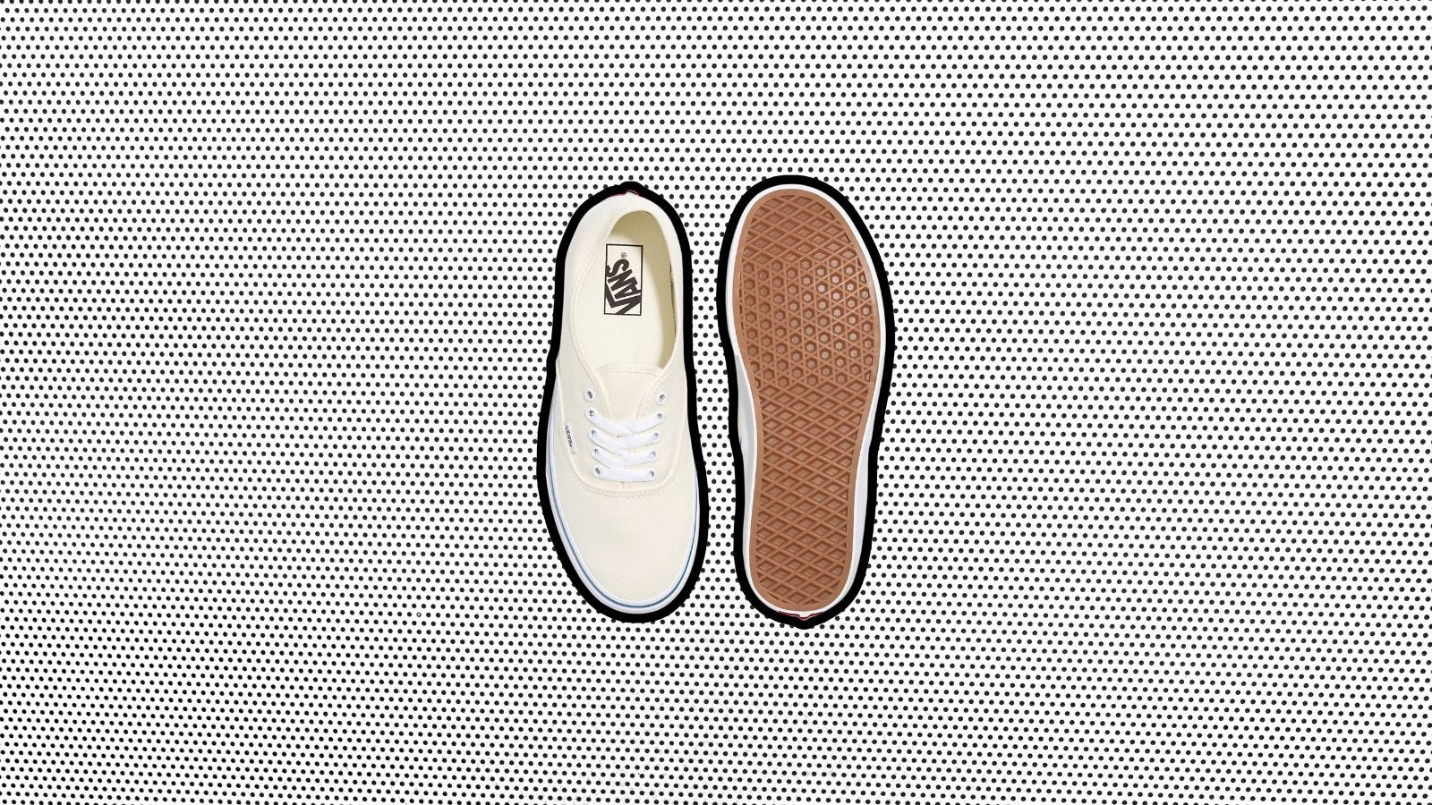 image of white canvas Vans sneakers against a black and white background