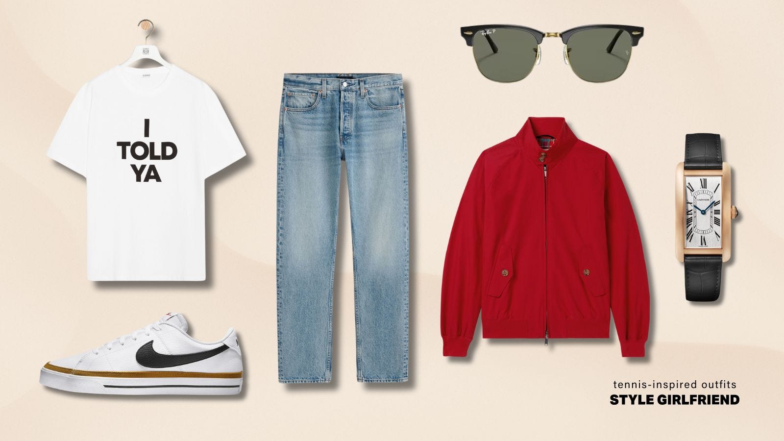 Flat lay image of casual men's clothing, paired with 