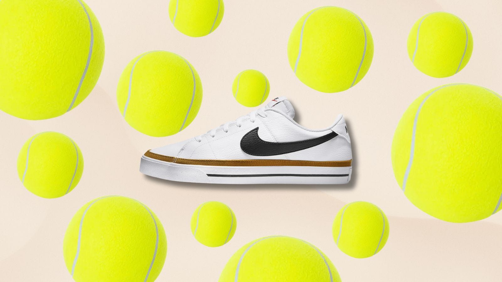 image of a men's Nike tennis sneaker against a background of tennis ball in assorted sizes