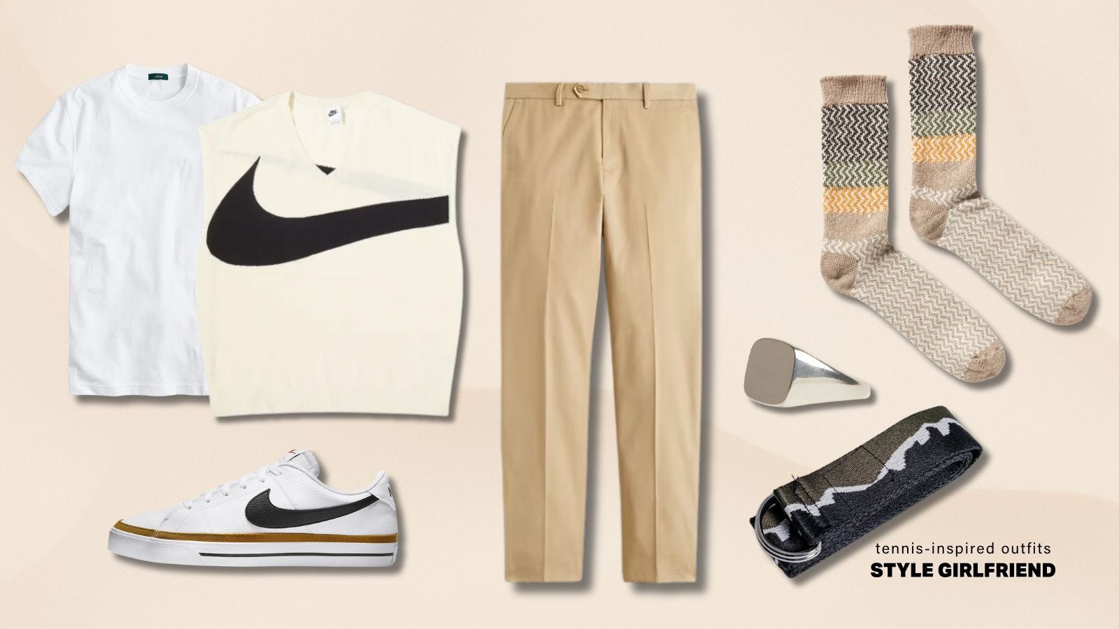 Flat lay image of casual, tennis style men's clothing including cream sweater vest, white t-shirt, tan pants, socks, signet ring and white tennis shoes