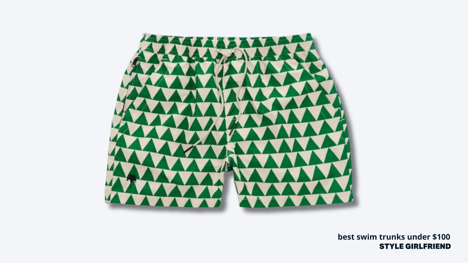 close-up of men's green and cream-colored swim trunks. text on-screen reads: best swim trunks under $100
