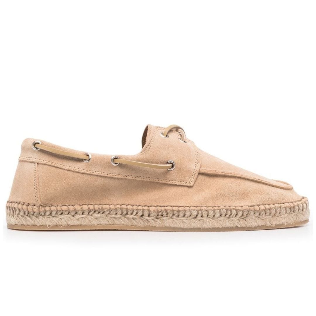 side profile view of a suede boat shoe with an espadrille-like sole