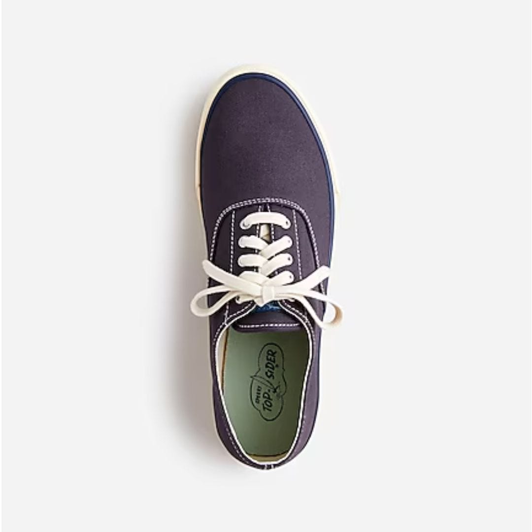 navy sneaker shown from above against a grey background