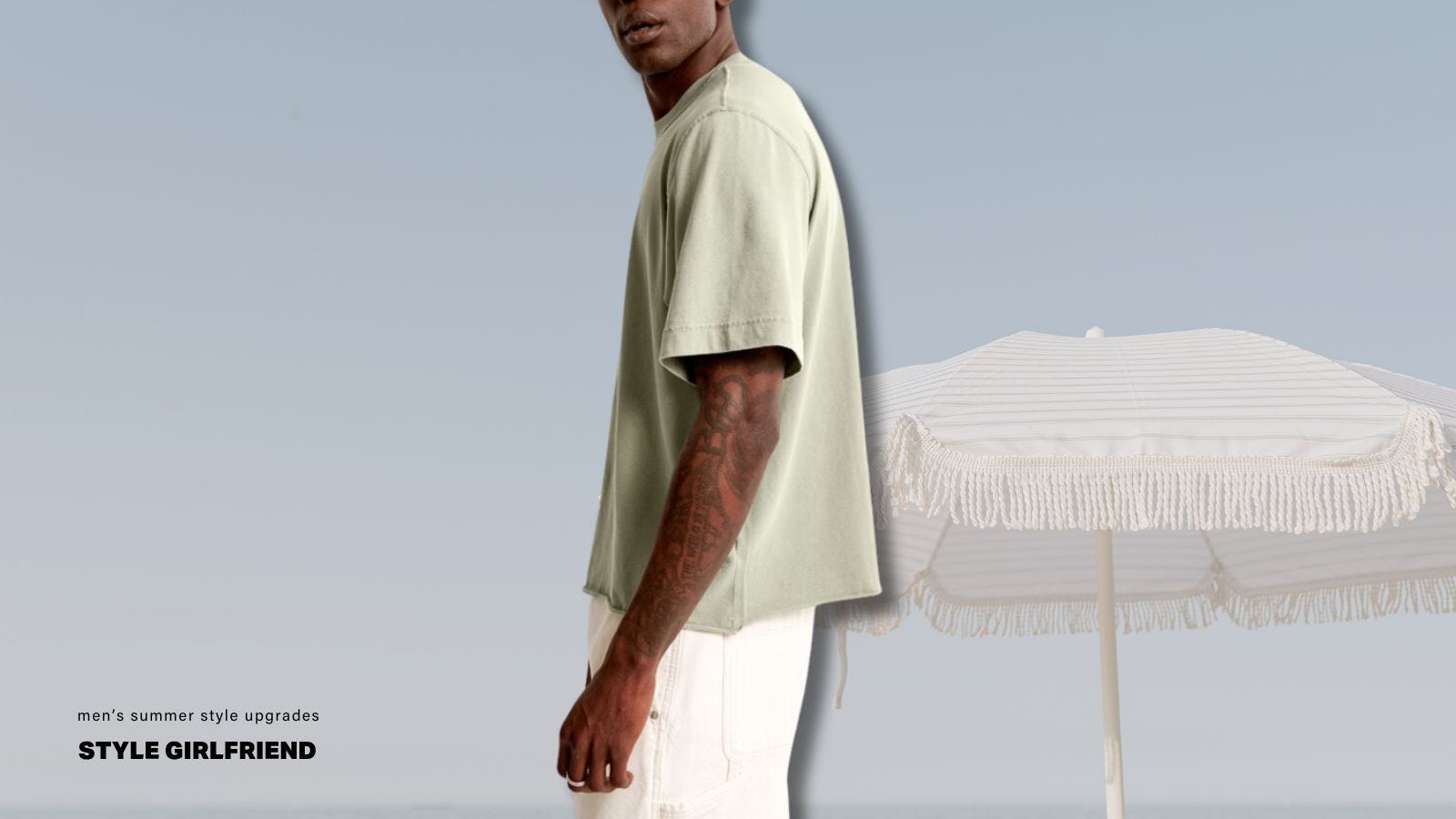 Close-up image of a man wearing a mint green T-shirt and off-white pants.The text on the screen reads: Men’s Summer Style Upgrade