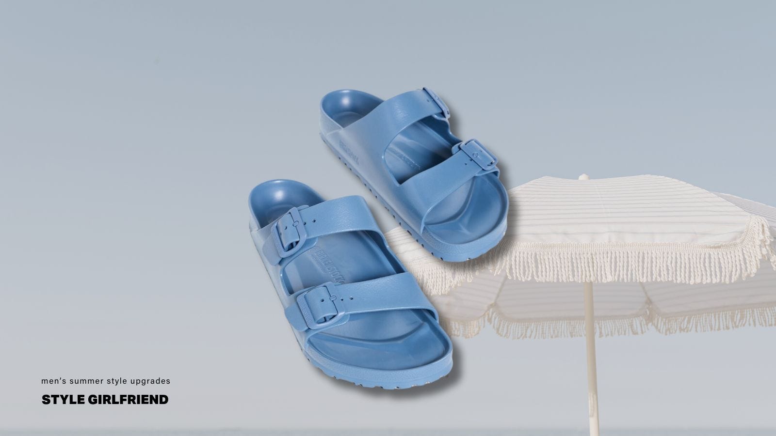 Picture of blue Birkenstock sandals on blue sky background