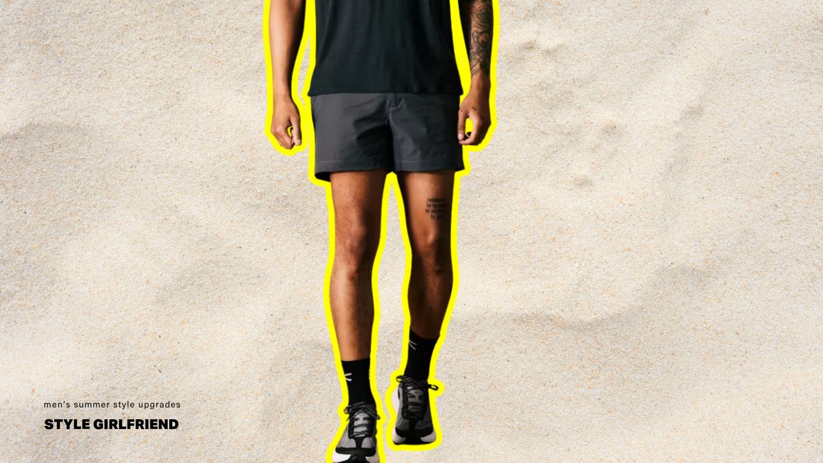 In the photo, a man is seen wearing a black T-shirt, gray mixed shorts and sneakers from the waist down.The text on the screen reads: Men’s Summer Style Upgrade