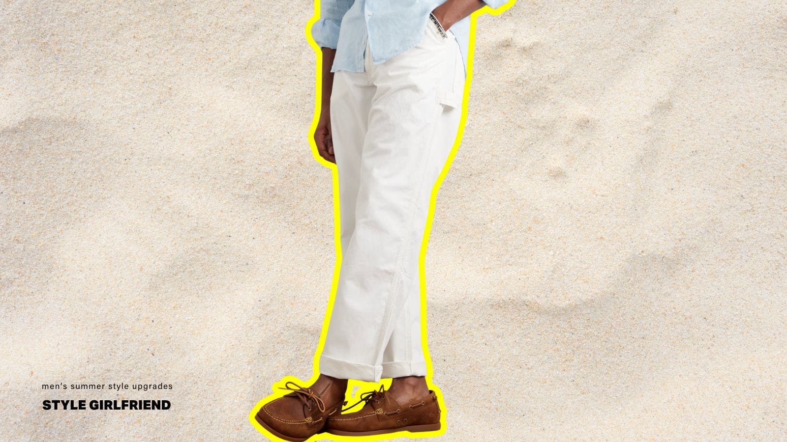 The image is of a man from the waist down, wearing white carpenter jeans and brown boat shoes.The text on the screen reads: Men’s Summer Style Upgrade