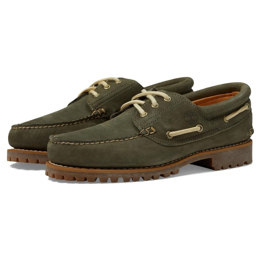 pair of army green lug sole boat shoes