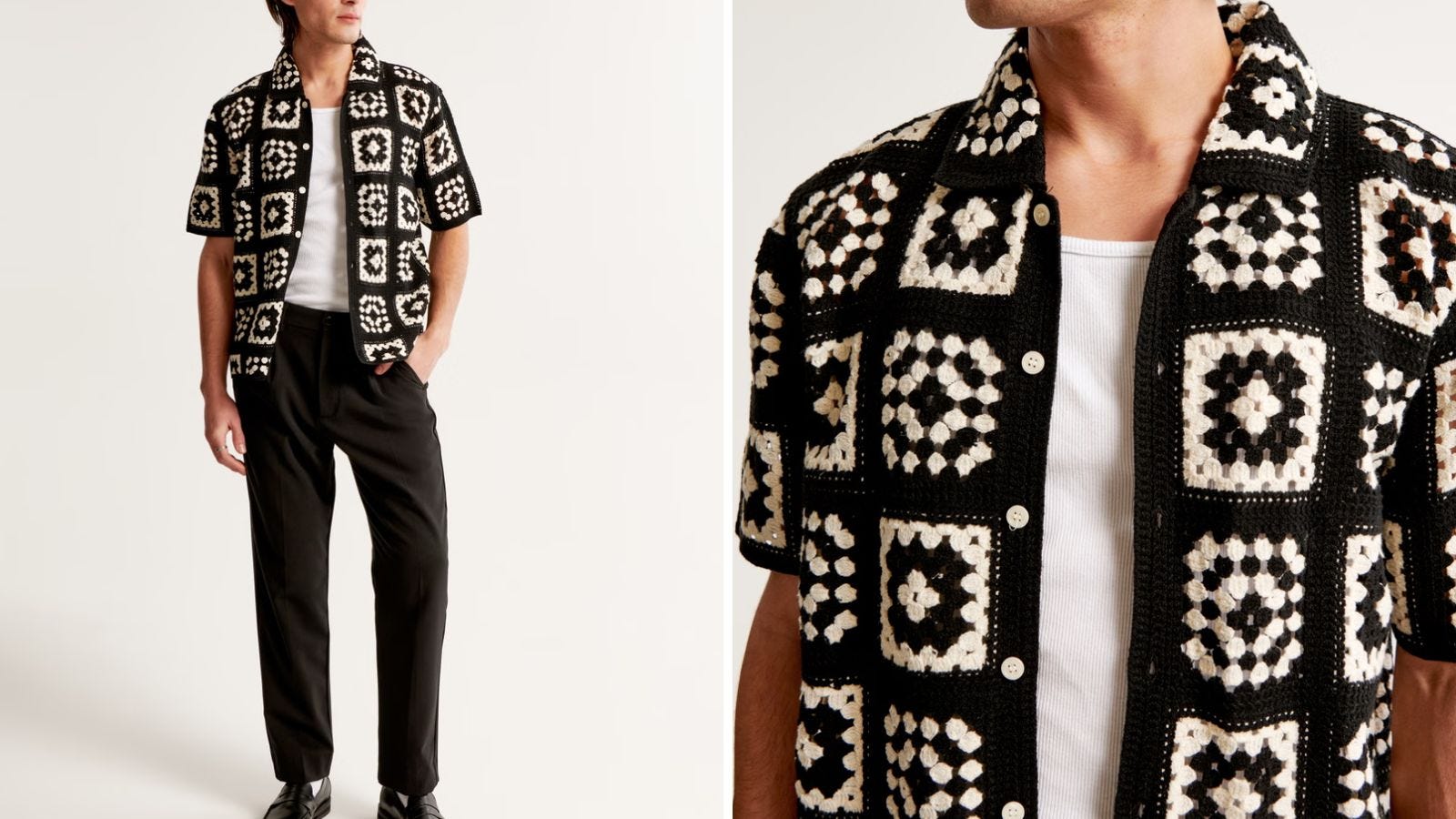 man in a stylish summer outfit, a short-sleeve black and white crochet shirt over a ribbed white "wife pleaser" tank top with black pants and black loafers