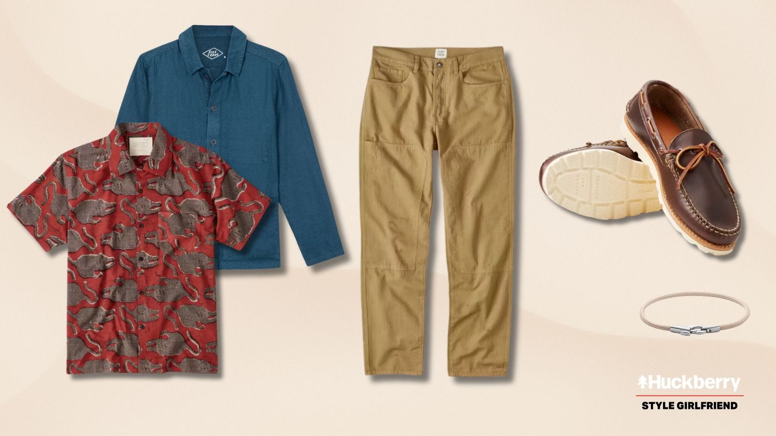 men's casual outfit featuring a red patterned short-sleeve shirt, blue overshirt, tan pants, and brown leather boat shoes