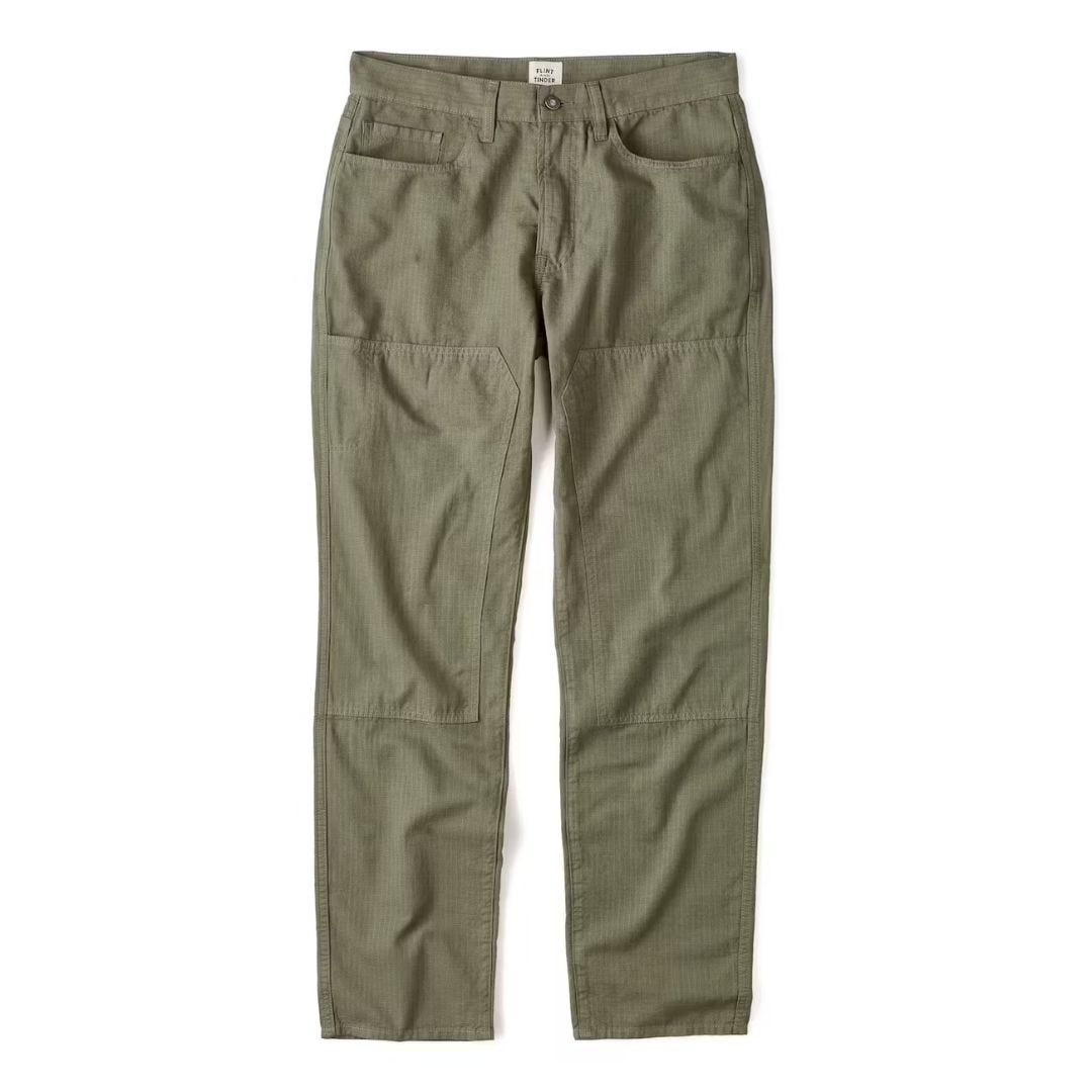 flat lay image of a pair of men's linen ripstop pants in an olive green color