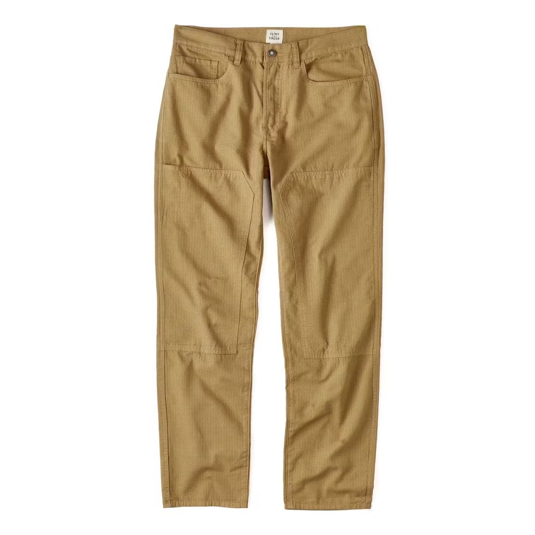 flat lay image of a pair of men's linen ripstop pants in a tan color
