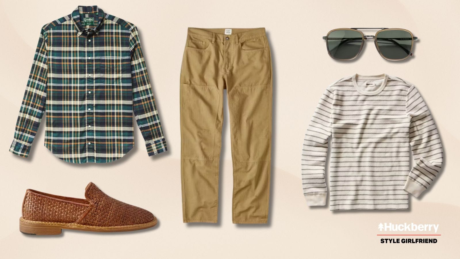 a casual men's outfit featuring tan linen workwear pants with a striped long-sleeve shirt and a green plaid shirt over that