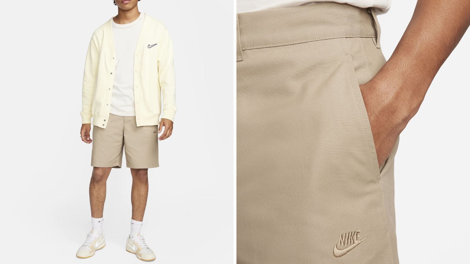 side by side images of a man wearing a pair of chino shorts and a cream-colored cardigan on the left. on the right, a close-up of the nike logo embroidered on the shorts, part of a roundup of Nike picks from PGA player Tony Finau