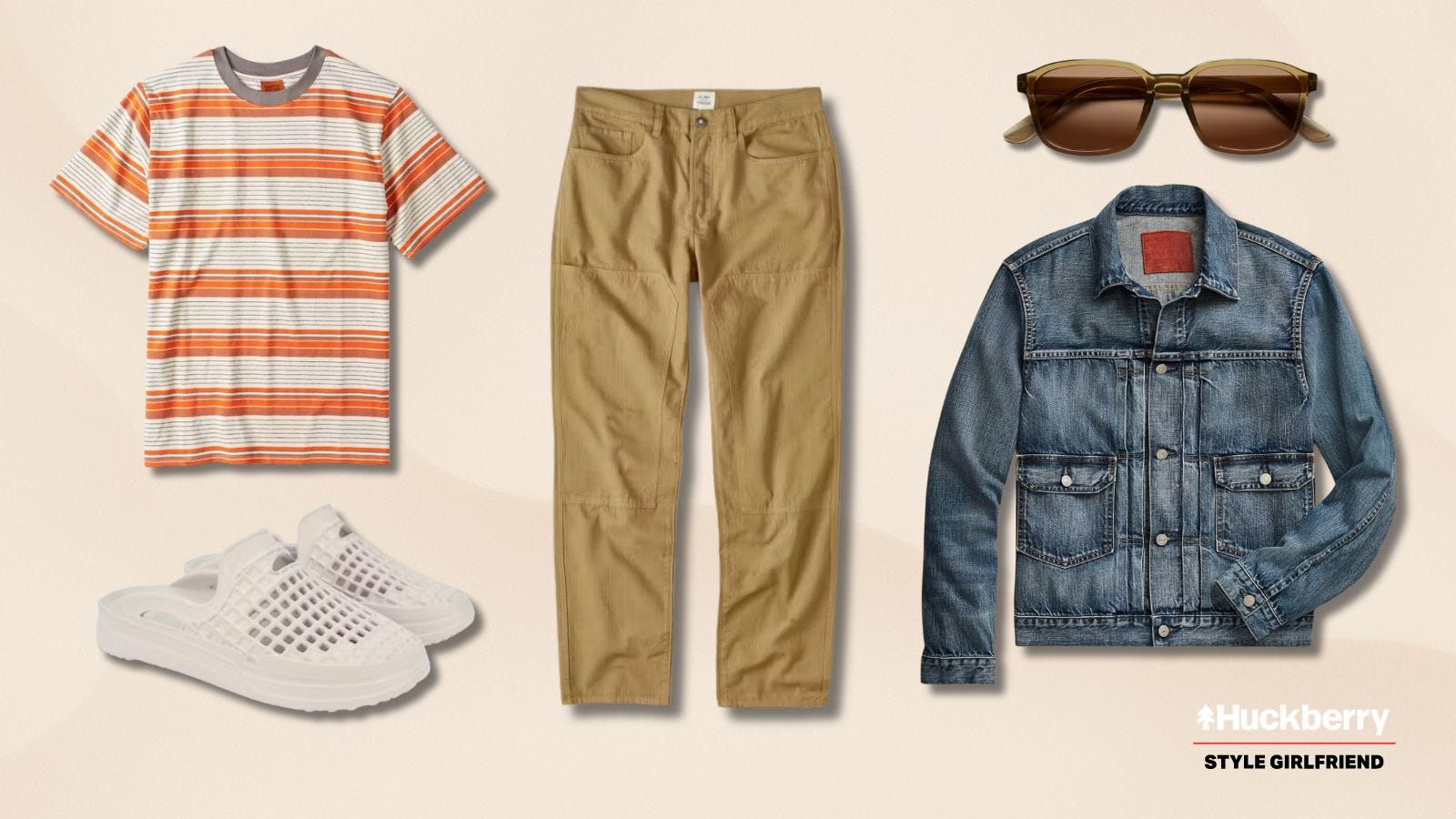 casual men's outfit featuring linen workwear pants, a striped orange t-shirt, denim jacket, sunglasses, and white slip-on shoes
