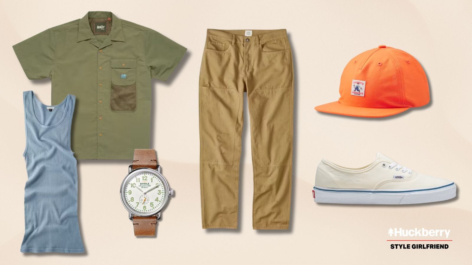 casual men's warm weather outfit featuring a green short-sleeve button-up shirt, tan pants, white canvas sneakers, and an orange baseball hat