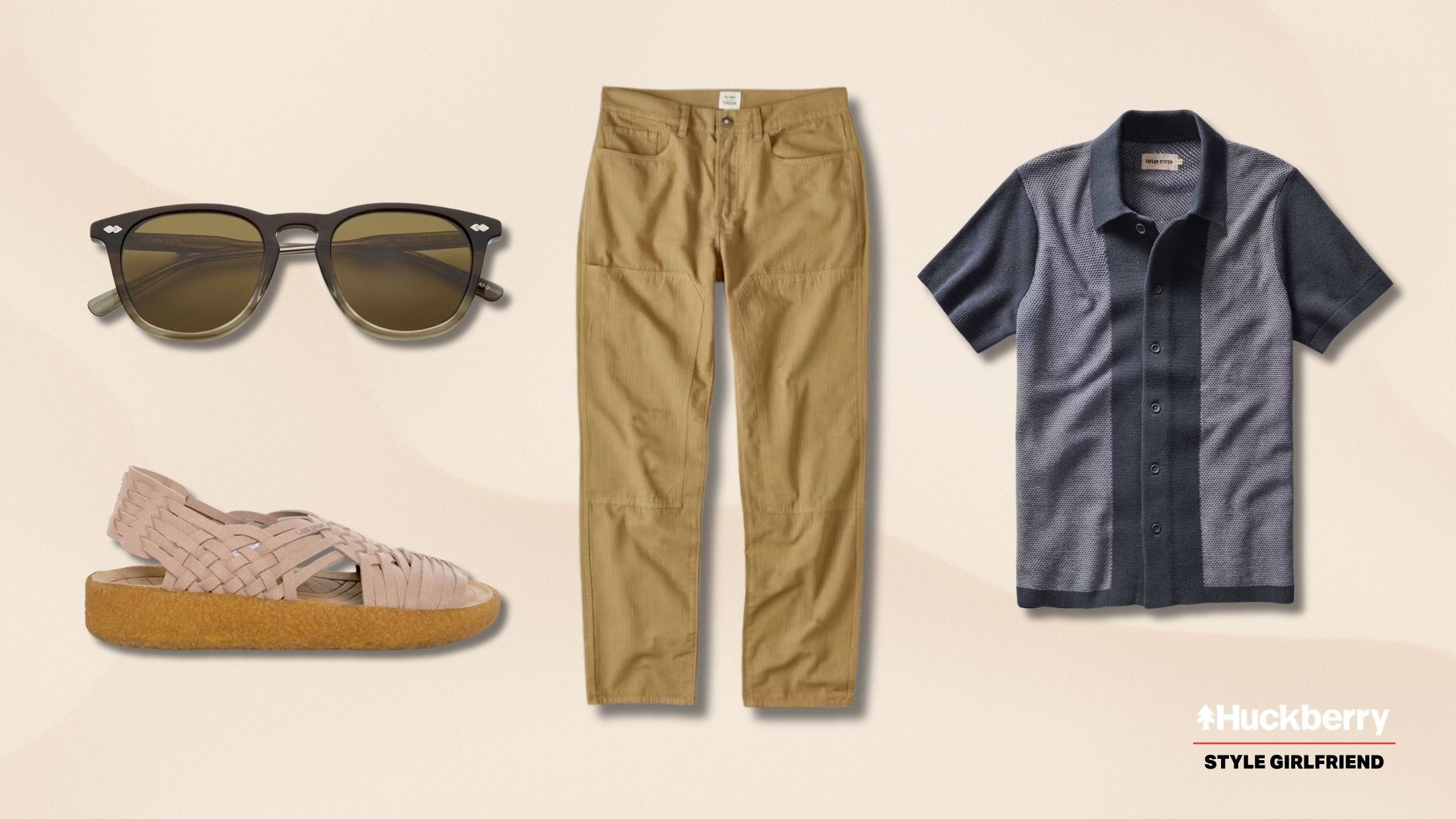 casual men's linen pants outfit with navy knit polo shirt and slip-on sandals with sunglasses