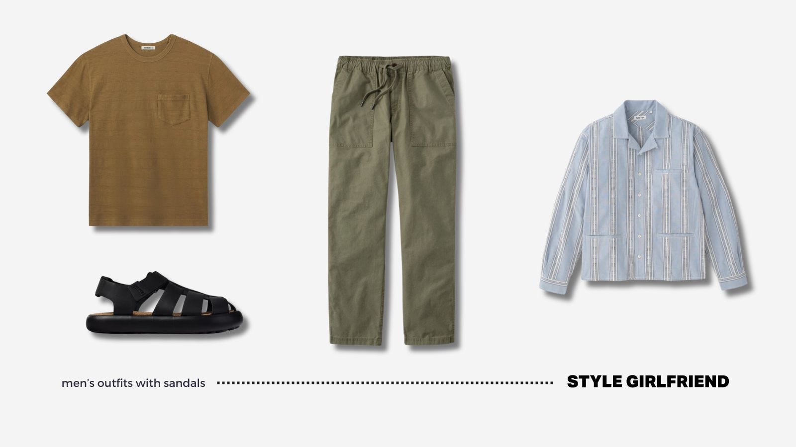 casual men's outfit with black fisherman's sandals, a pocket t-shirt, field pants, and a light blue overshirt