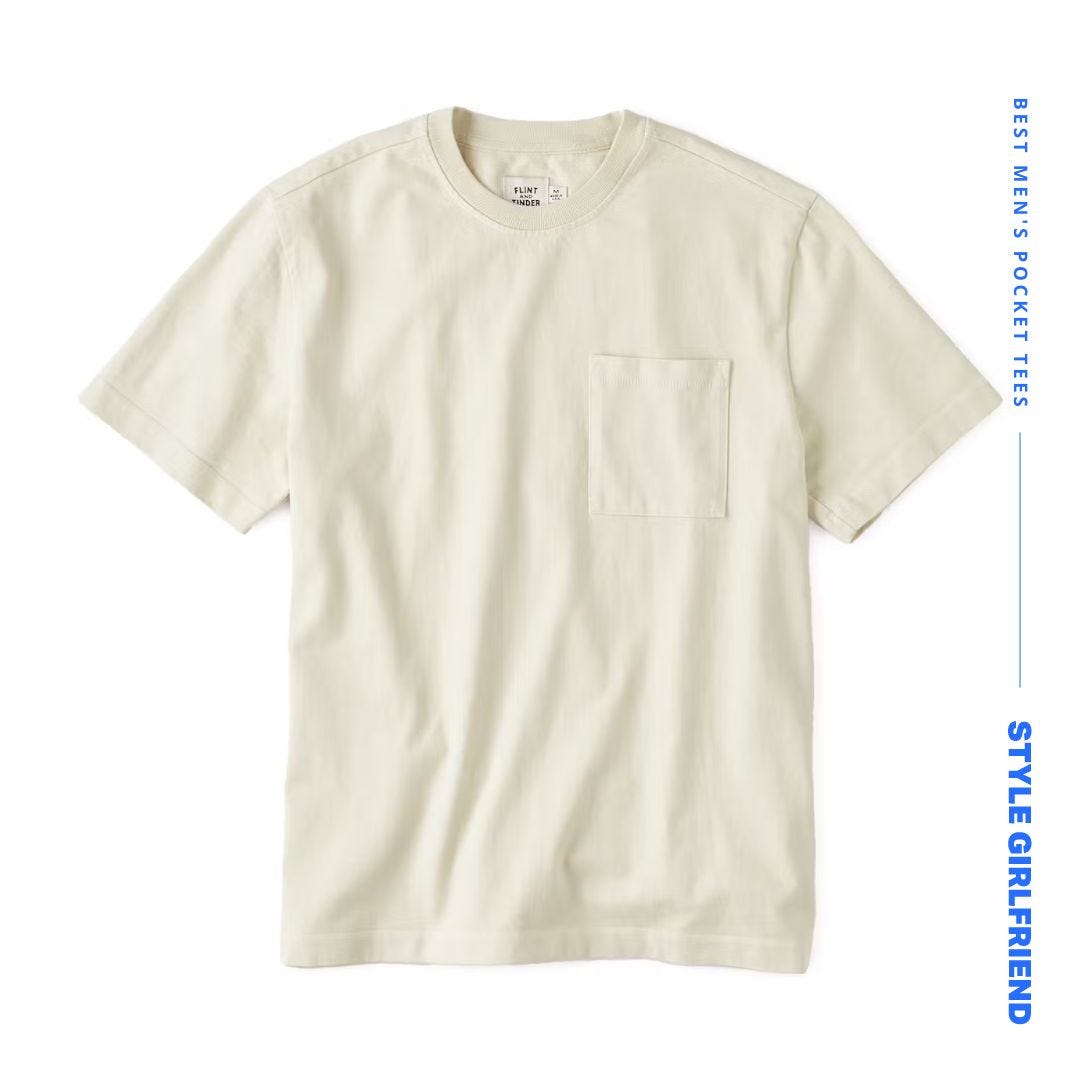 a cream-colored men's pocket tee against a white background. text on-screen reads: best men's pocket tees