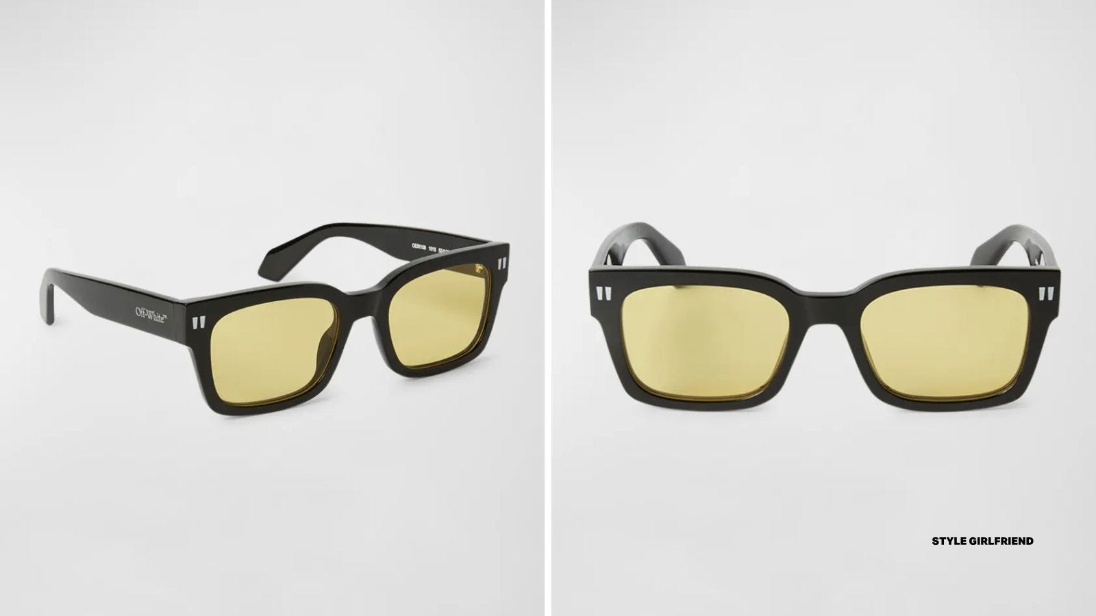 side by side images of a pair of Off-White brand black frame sunglasses with yellow lenses