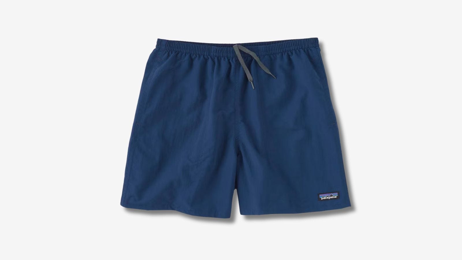 pair of navy patagonia baggies shorts against a blank background