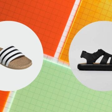 two men's sandals against an orange, green, and yellow background
