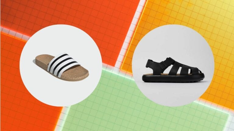 two men's sandals against an orange, green, and yellow background