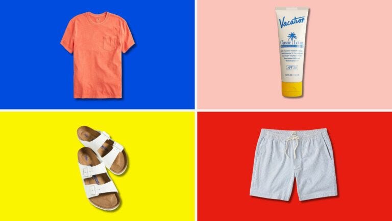 feature image for a Style Girlfriend article on men's summer style. includes images of a cotton t-shirt, seersucker shorts, sunscreen bottle, and white Birkenstock sandals